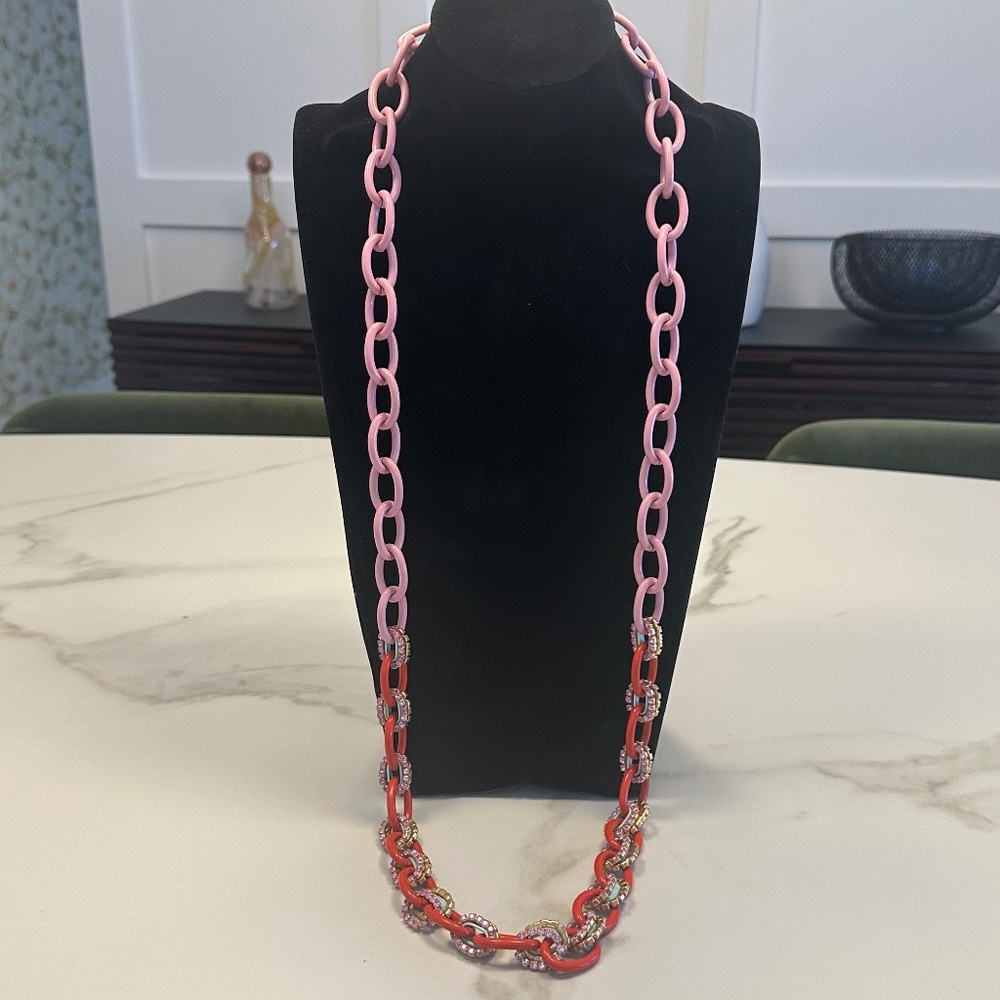 TOVA - Long Chunky Pink and Red Coated Enamel and Crystal Layering Necklace